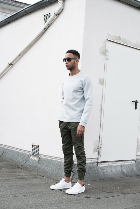 Grey Leather Trouser, Men's Joggers Fashion Trends With White Sweatshirt, Standing: 