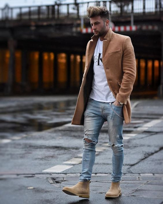 Beige Winter Coat, Chelsea Boots Fashion Trends With Light Blue Casual  Trouser, Fashion Chelsea Boots Men | Men's boot, cowboy boot, chelsea boot,  leather jacket