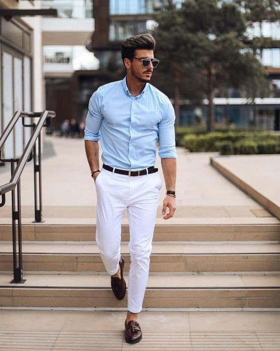 Light Blue Shirt, Men's Pastel Outfits With White Jeans, Summer Office ...