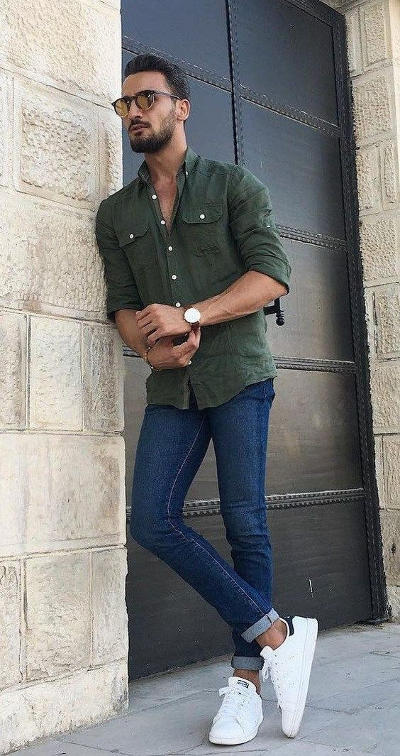 Green Shirt, Men Shirts Outfits Ideas With Dark Blue And Navy Jeans, Dark Green  Shirt With Blue Jeans | Dress shirt, casual wear, dark green shirt