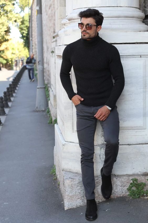 Black Sweater Chelsea Boots Fashion Wear With Grey Jeans Turtleneck