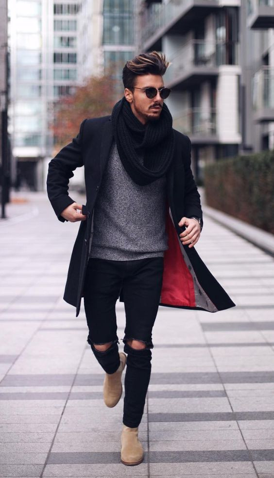 Black Wool Coat, Chelsea Boots Fashion Tips With Black Casual Trouser ...