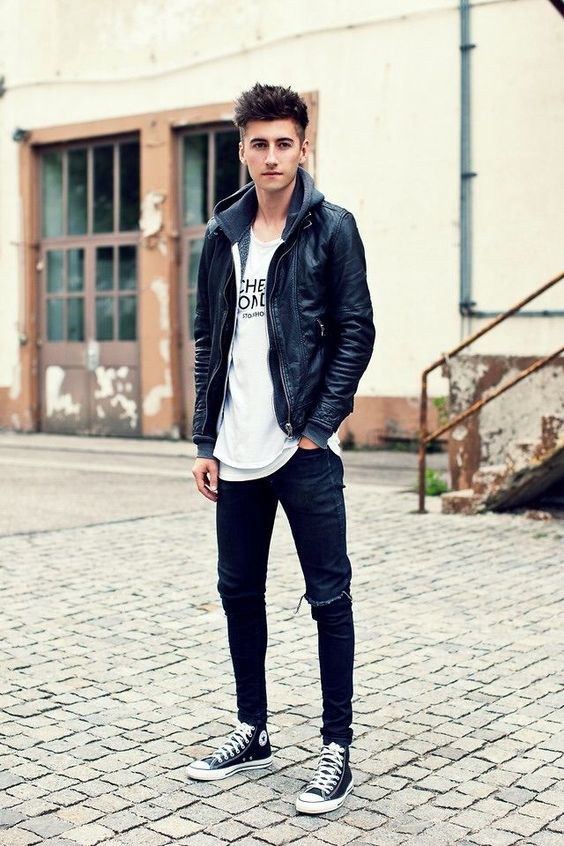 Black Racer Jacket, Camping Fashion Tips With Dark Blue And Navy Jeans, Black  Converse Outfits Mens | Converse black