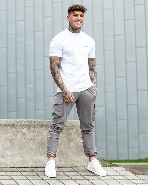 Grey Leather Trouser, Men's Joggers Outfit Trends With White T-shirt, T Shirt: 