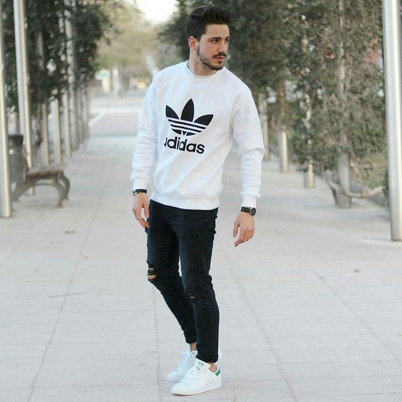 White Sweatshirt, Winter Ideas With Black Jeans, Outfit Adidas Hombre  Urbano | Casual wear, men's clothing, adidas superstar