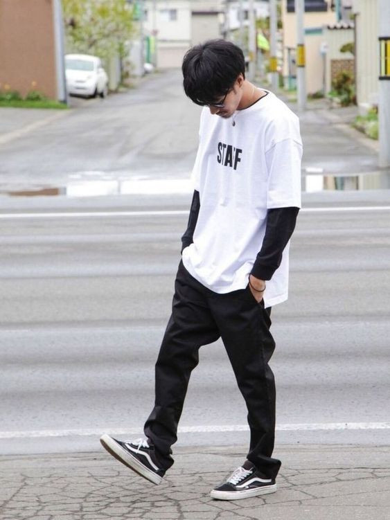 White T-shirt, Vans Outfits Ideas With Black Casual Trouser, Men's Skater Outfits: 