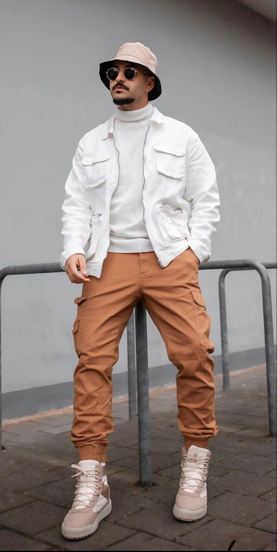 Orange Casual Trouser, Men's Joggers Outfit Designs With White Harrington Jacket, Killer Jogger Outfits for Men: 