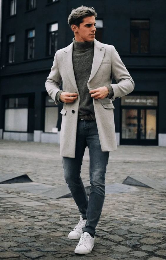 Light Grey Coat, Winter Fashion Trends With Grey Jeans, Casual Winter Outfits  Men | Casual wear, men's style, wedding dress, winter clothing