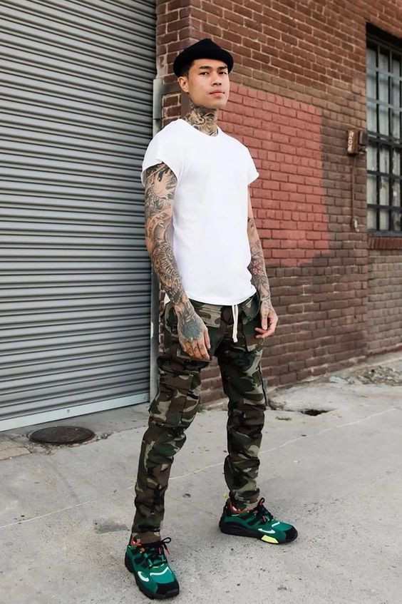 Men's Regular Fit Army Print Cargo Style Casual Trousers Pants