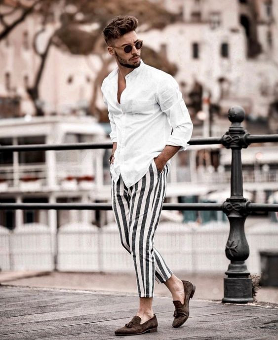 Sweat Pant Casual Outfits With White Shirt Vertical Striped Pants Outfit   Casual wear