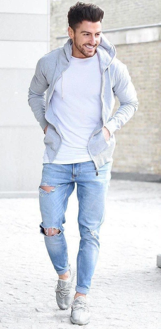 Light Blue Casual Trouser, Ripped Jeans Outfit Designs With Light Blue  Jackets And Coat, Mens Ripped Jeans Outfit | Men's style, ripped jeans