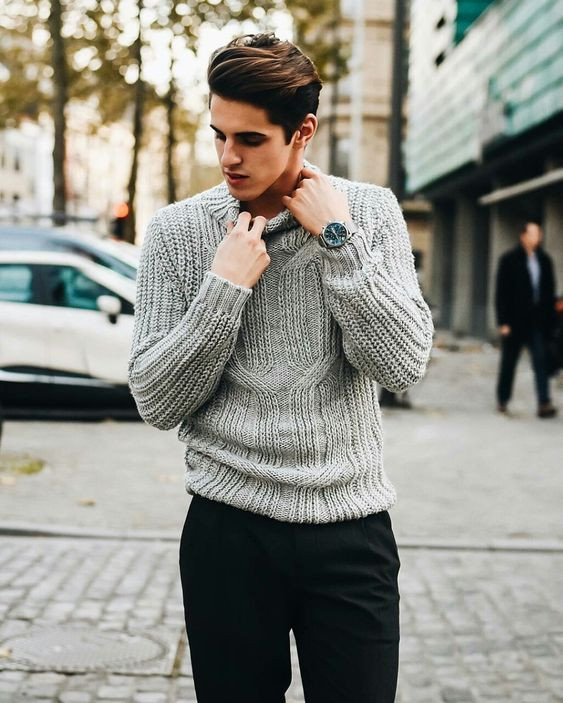 Grey Sweater, Men's Winter Outfit Designs With Black Pants, Mens ...