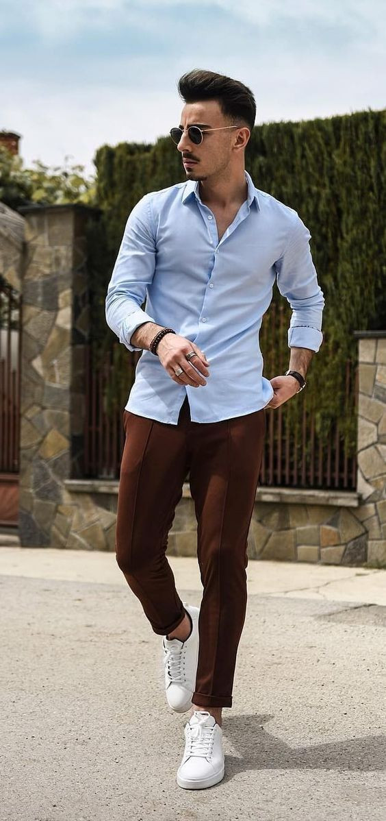 Light Blue Shirt, Men's Pastel Outfit Trends With Brown Sweat Pant, Brown  Pants Outfit Men | Navy blue