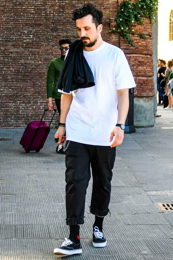 White T-shirt, Vans Attires Ideas With Black Casual Trouser, Vans ...