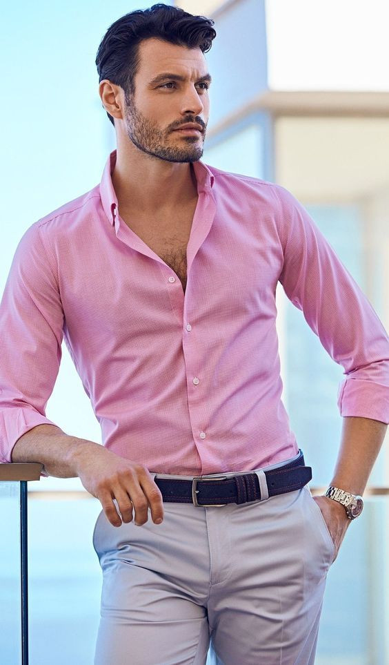 Combination of pink shirt and stone casual pants with tan belt  tan shoes  casual but well groomed wwwchataroman  Black pants men Pants outfit  men Stylish men