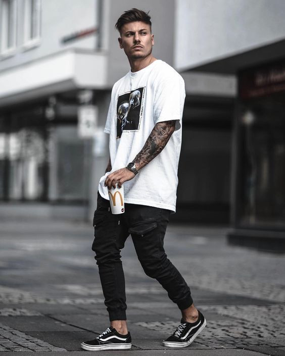 White T-shirt, Vans Fashion Ideas With Black Leather Trouser, Summer Outfits | Casual wear, men's clothing