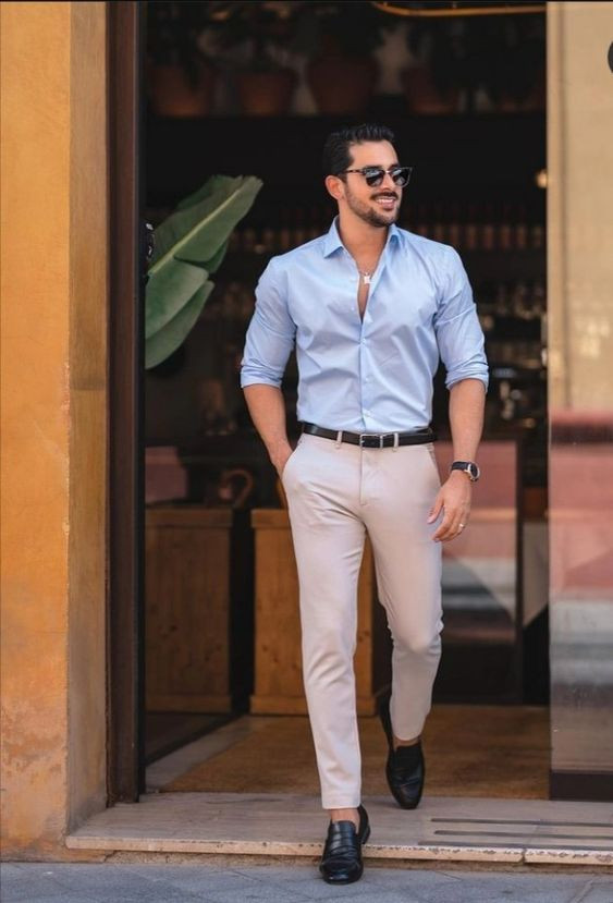 Light Blue Shirt Formal Shirt Outfit Trends With Beige Suit Trouser 