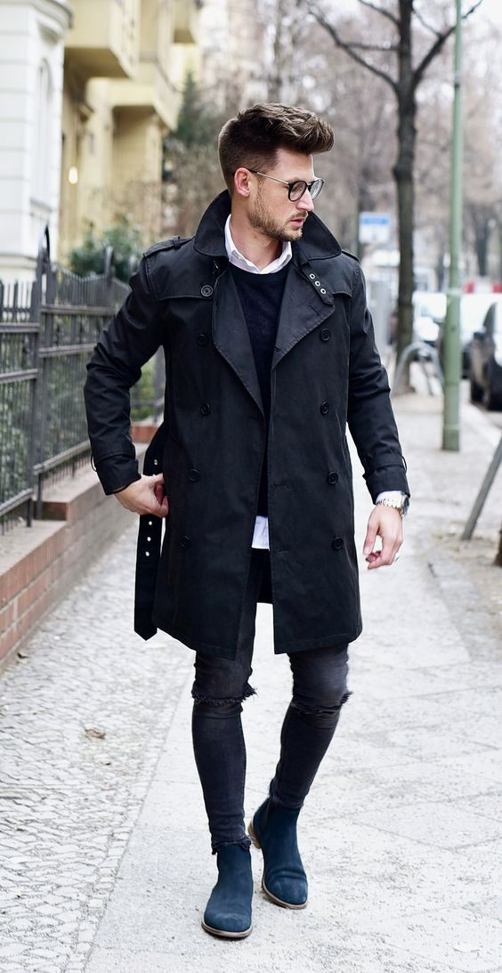 Black Coat Winter Fashion Wear With Dark Blue And Navy Casual Trouser 