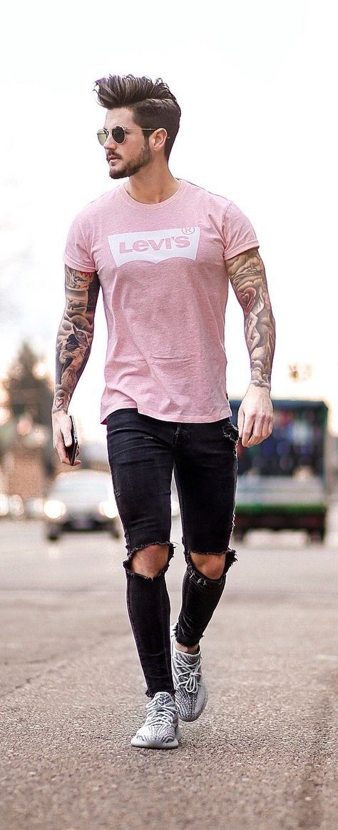 Pink T-shirt, Men's Pastel Fashion Tips With Black Jeans, Trendy Men's Fashion Clothes: 