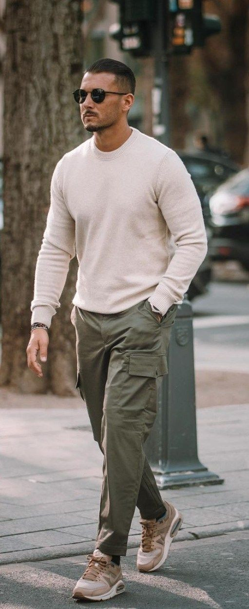 Beige Sweater, Men's Pastel Fashion Tips With Green Casual Trouser, Green  Cargo Pants Outfit Men | Cargo pants, men's style, men's clothing, green  cargo pants,