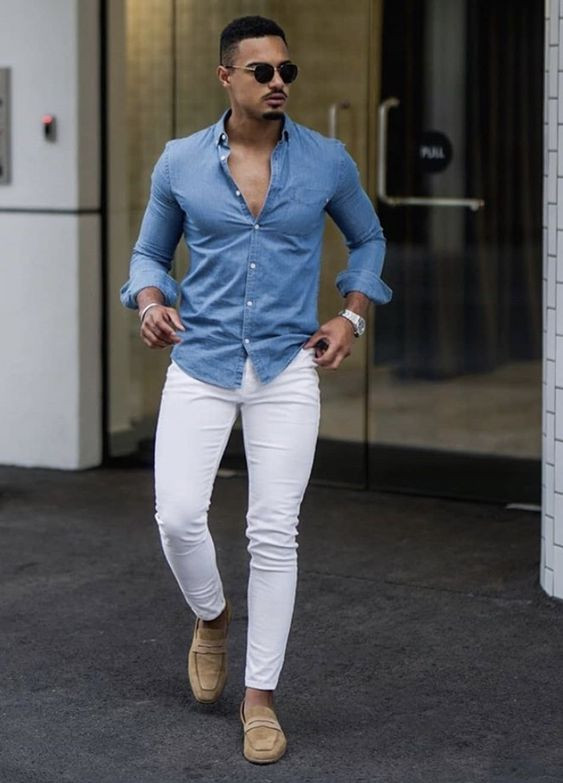 White Casual Trouser, Stylish Outfit Designs With Light Blue Denim ...