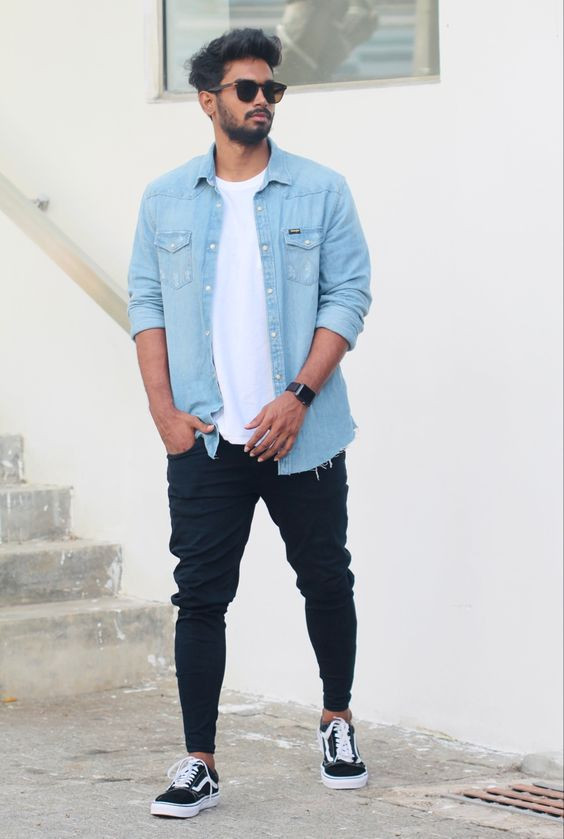 Light Blue Denim Shirt, Vans Fashion Ideas With Dark Blue And Navy ...