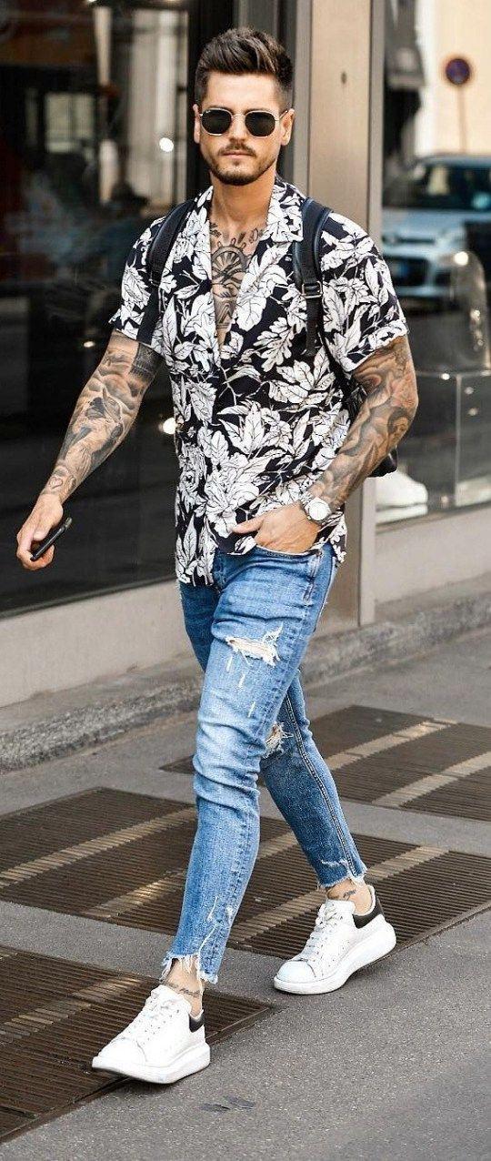 Light Blue Jeans, Ripped Jeans Outfits Ideas With Upper, Mens Summer Street  Fashion | Street style, men's apparel, men's clothing