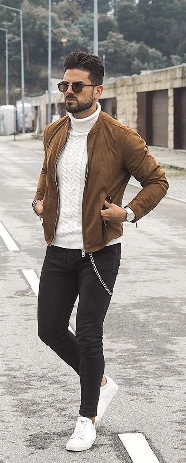 Brown Bomber Jacket, Turtleneck Fashion Ideas With Black Jeans, Brown ...