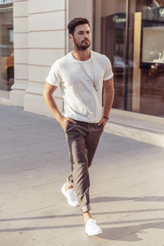 Brown Casual Trouser, Men's Joggers Outfit Designs With White T-shirT: 