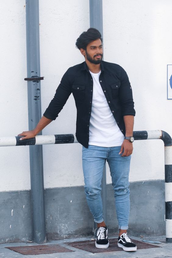 Dark Blue And Navy Casual Jacket, Vans Outfits Ideas With Light Blue Casual Trouser, Style Vans Men ideas: 