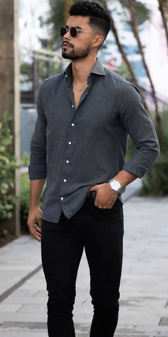 Grey Shirt, Men Shirts Fashion Tips With Black Jeans, Tmf Formal Outfit |  Dress shirt, casual wear, formal wear, smart casual, men's clothing