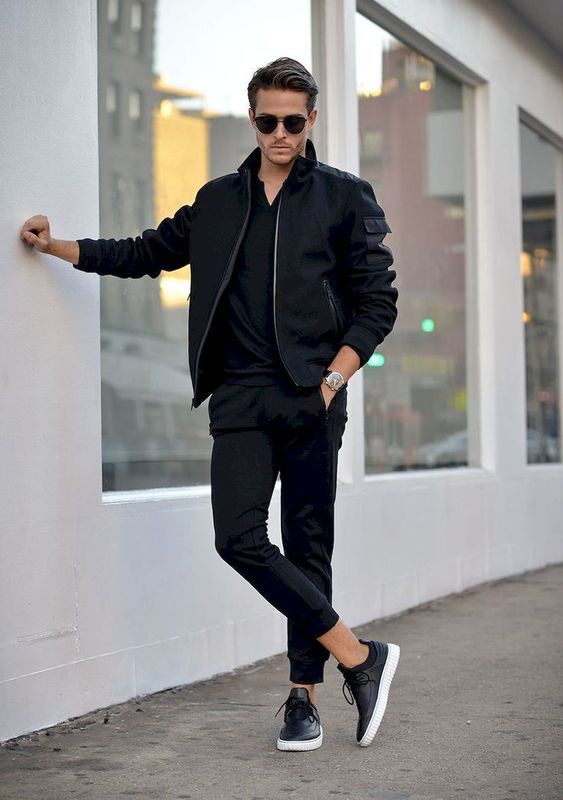 Black Bomber Jacket, Guys School Fashion Tips With Black Formal Trouser, Black Shoes Outfit Men: 