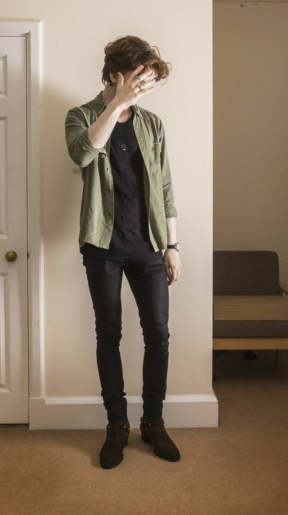 Green Casual Jacket, School Ideas Grey Casual Trouser, Outfit Ropa Hombre Verde Aesthetic Casual wear, men's clothing