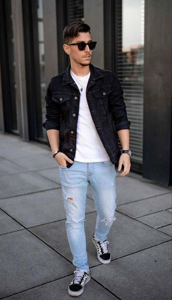 Black Casual Jacket, Vans Fashion Trends With Light Blue Casual Trouser,  Pants Men Fashion 2022 | Casual wear, men's clothing