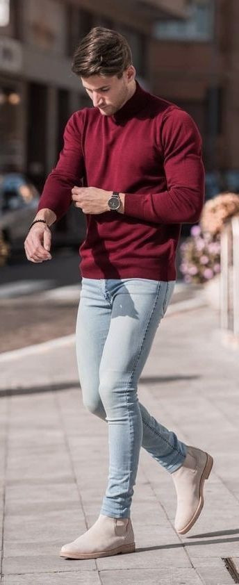 Red Sweater, Boot & Turtleneck Wardrobe Ideas With Light Blue Jeans, Red Outfits  Men | Polo neck, men's clothing