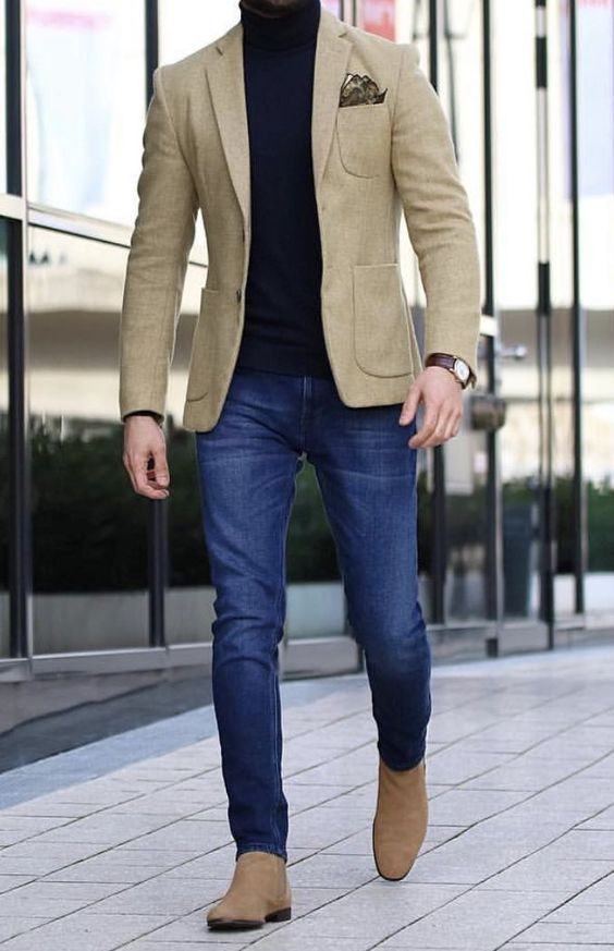 Beige Suit Jackets And Tuxedo, Turtleneck Blazer Fashion Wear With Dark Blue And Navy Casual Trouser, Men's Blazers: 