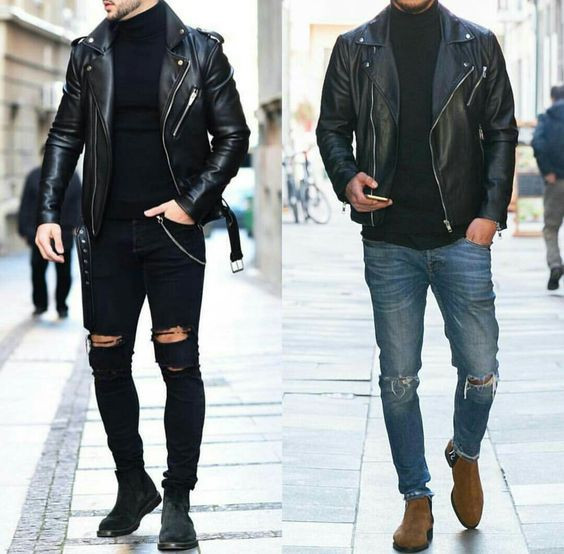 Black Biker Jacket, Boot & Turtleneck Outfits Ideas With Black Jeans ...