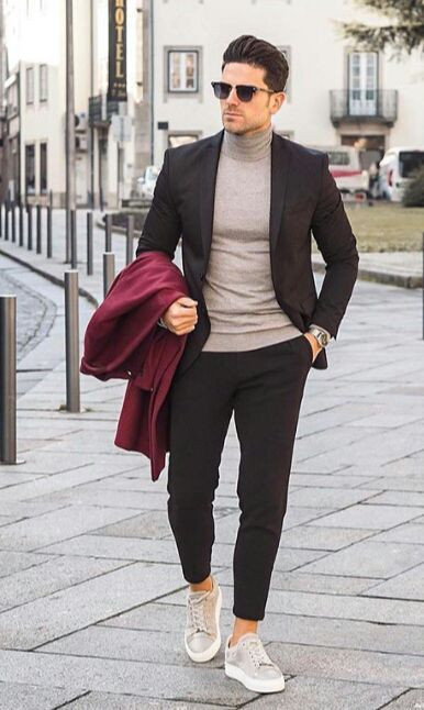 Red Wool Coat, Turtleneck Blazer Wardrobe Ideas With Black Suit Trouser, Men Blazer Outlook: 