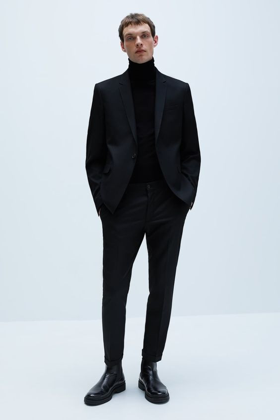 Black Suit Jackets And Tuxedo, Boot & Turtleneck Outfits Ideas With ...