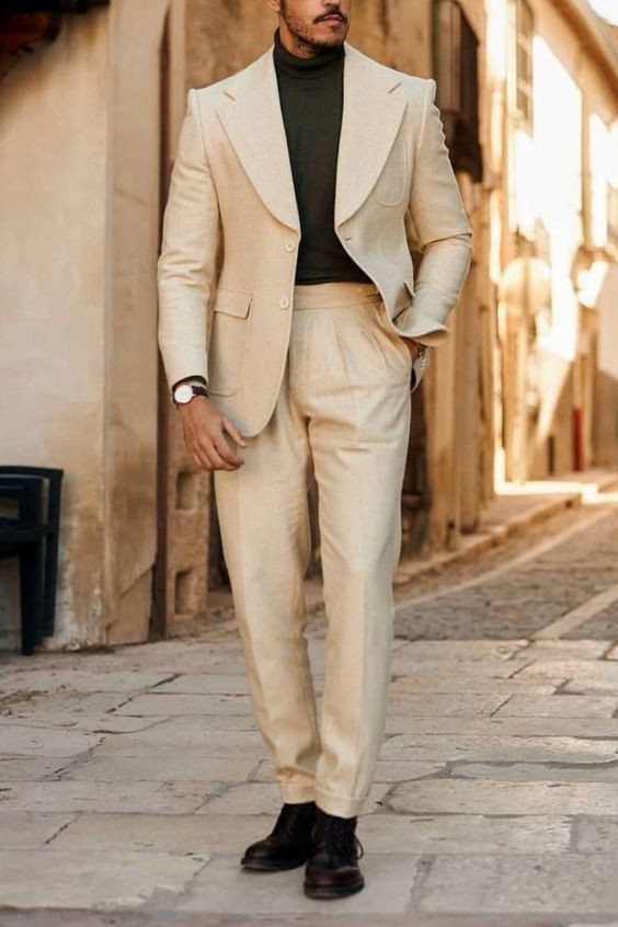 Beige Suit Jackets And Tuxedo, Turtleneck Blazer Fashion Trends With Beige Suit Trouser, Mens Fashion Blazer Ideas: 