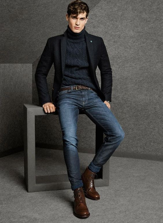 Black Suit Jackets And Tuxedo, Turtleneck Blazer Clothing Ideas With Dark Blue And Navy Casual Trouser, Turtleneck Blazer Jeans: 