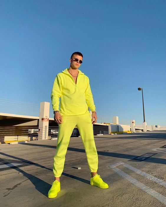Yellow Hoody, Neon Fashion Outfits With Yellow Casual Trouser, Standing |  Road surface, flag football men