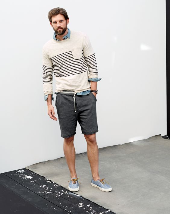 White Sweater, Full Sleeve Outfits With Grey Sportswear Short, Beach Style J Crew Men: 