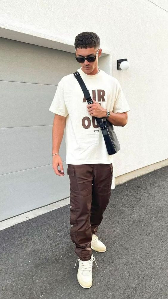 Brown Leather Trouser, Cargo Fashion Wear With White T-shirt| Men's ...