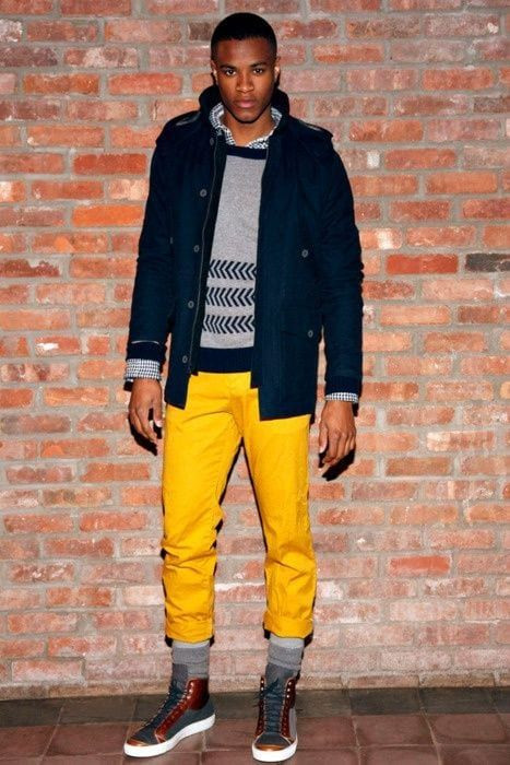 Yellow Jeans, Men's Attires Ideas With Dark Blue And Navy Peacoat, Yellow Pants  Outfit Men | Men's pants, light blue pant