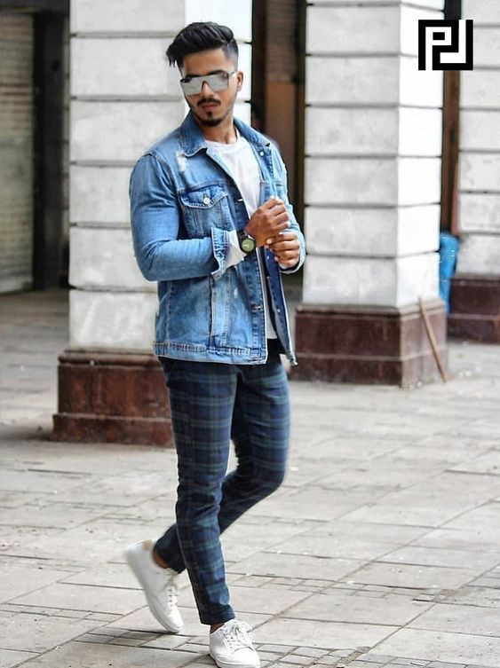 Dark Blue And Navy Jeans, Plaid Pants Fashion Wear With Light Blue ...