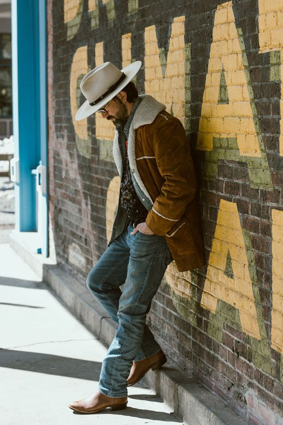 Brown Casual Jacket, Cowboy Attires Ideas With Light Blue Casual Trouser, Men's Western Fashion: 