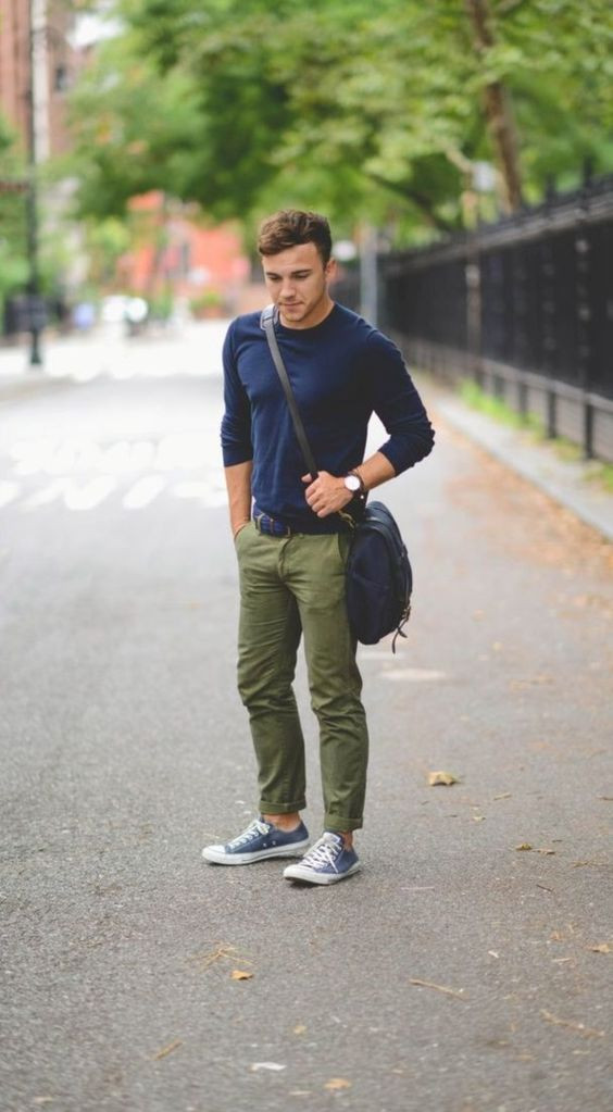 Dark Blue And Navy T-shirt, Full Sleeve Fashion Trends With Green Casual Trouser, Olive Pants Men's: 