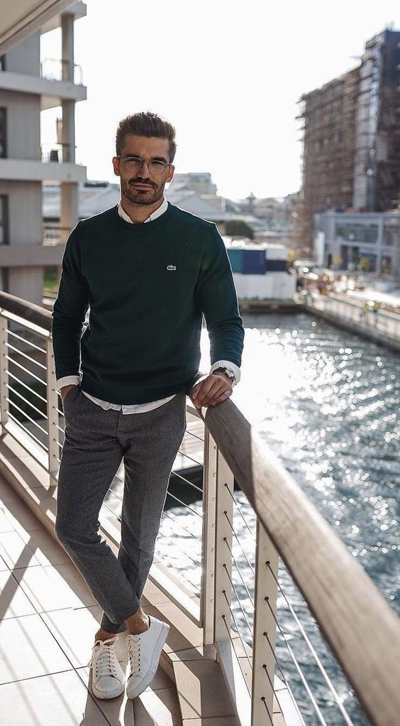Grey Jeans, Men's Outfit Designs With Green Sweater, White Sneakers Men |  Casual wear, men's style, green sneakers