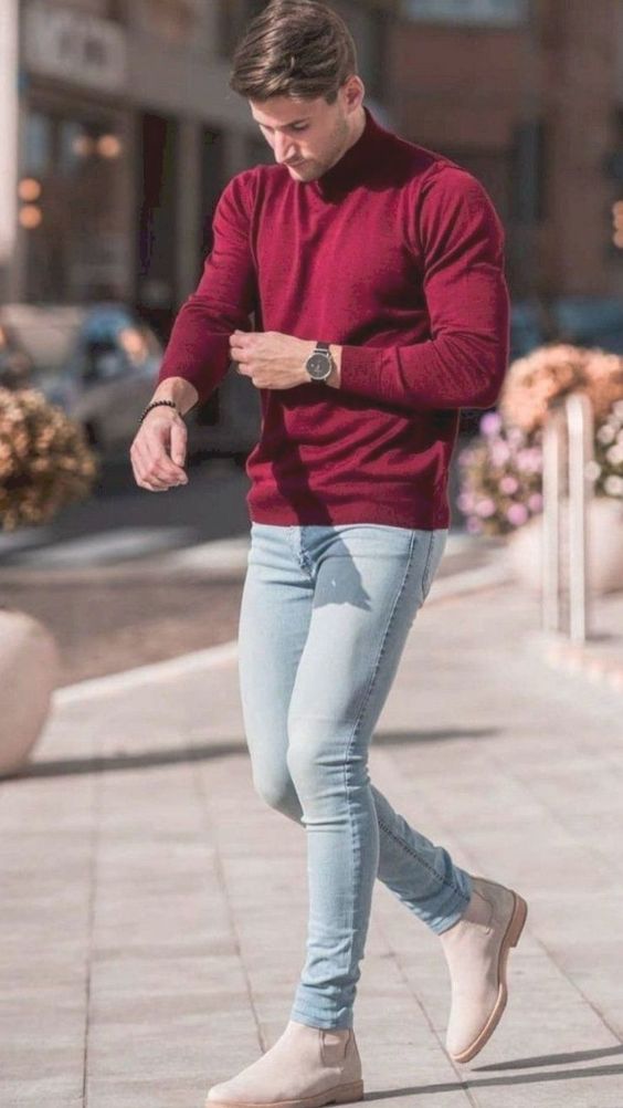 Red Cardigan, Full Sleeve Attires Ideas With Light Blue Jeans, Outfit Ideas For Men: 